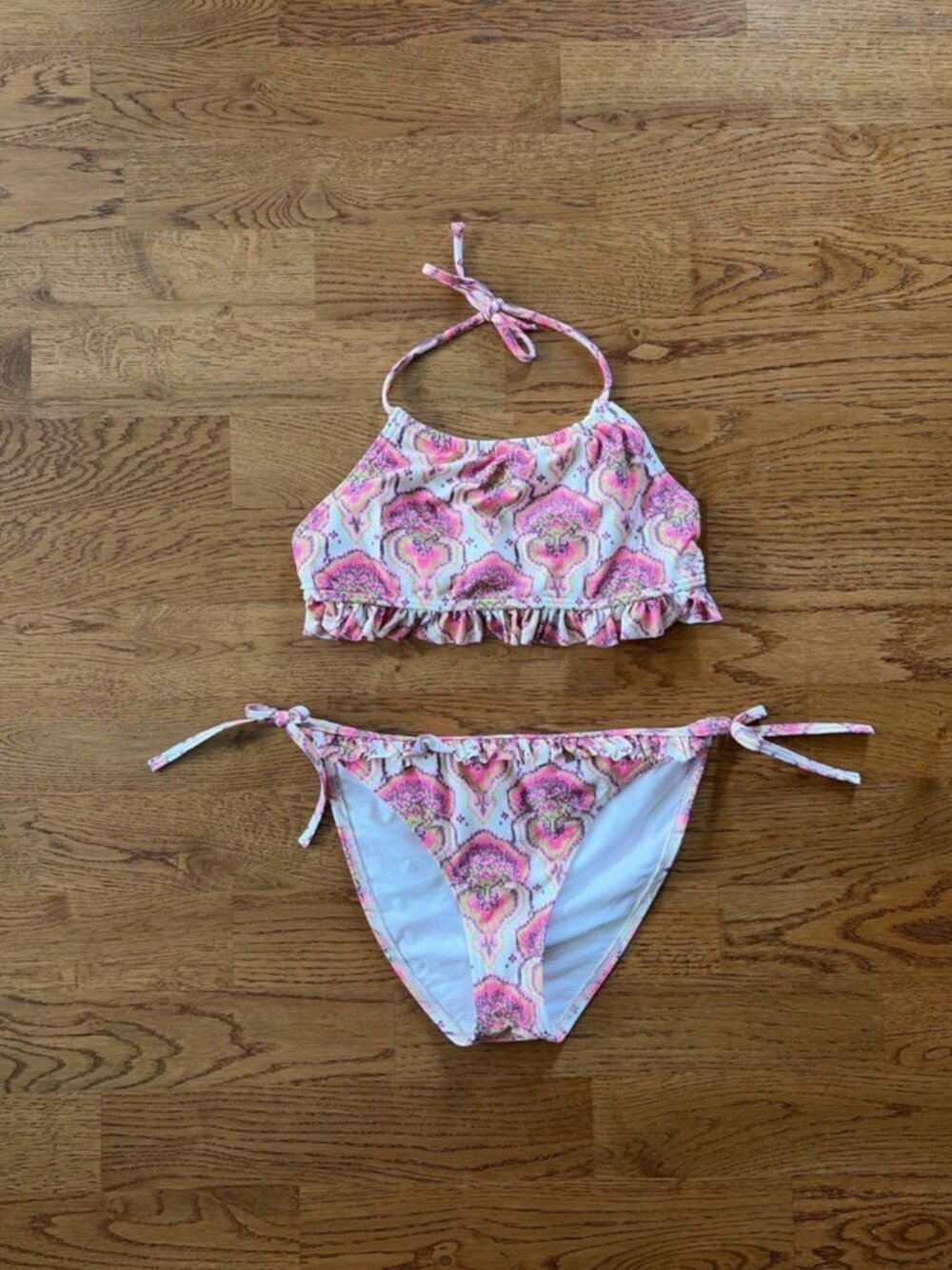 O'Neill Bikini Swim Top Bottoms Halter High Neck Ruffle Side Tie Pink Paisley 14